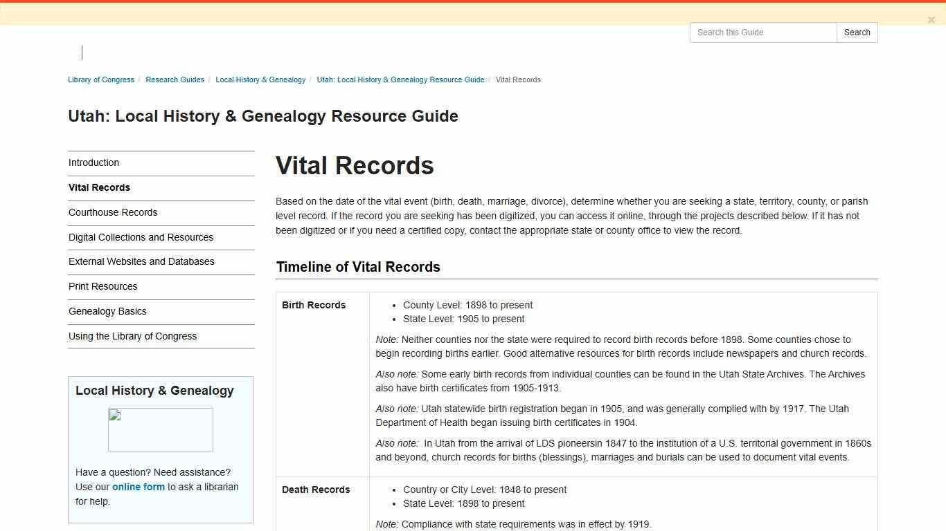 Vital Records - Utah: Local History & Genealogy Resource Guide - Research Guides at Library of Congress
